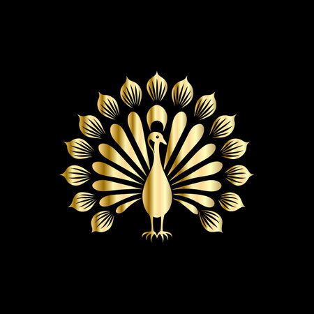 Peacock symbol. Vector illustration on black background. Gold peacock.のイラスト素材