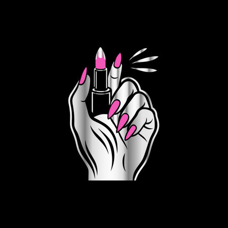 Female hand with pink nail polish, vector illustration on black background.のイラスト素材