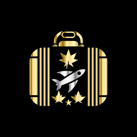 Vintage travel suitcase with gold star and rocket. Vector illustration.のイラスト素材