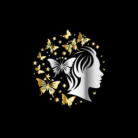 Beauty salon logo. Woman face silhouette with butterfly. Vector illustration.のイラスト素材