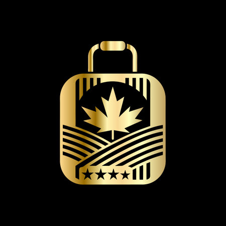 Golden travel bag with a maple leaf. Vector illustration on black background.のイラスト素材