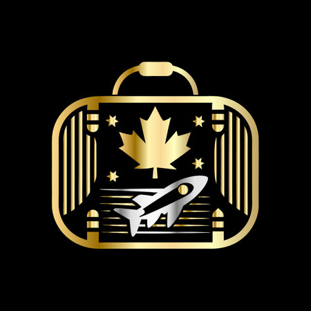 Golden travel bag with a maple leaf and airplane. Vector illustration.のイラスト素材