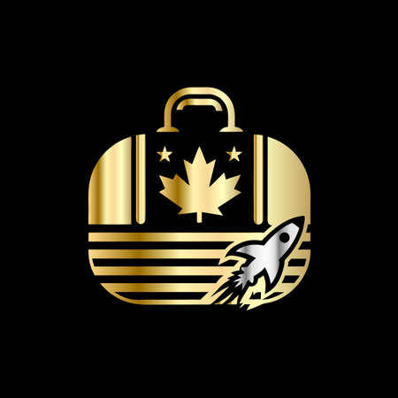 Travel bag with maple leaf and rocket. Vector illustration on black background.のイラスト素材