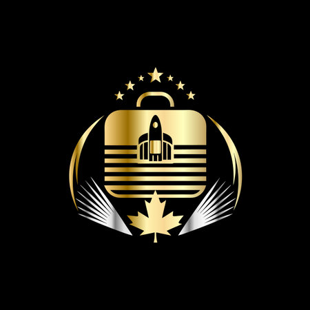 Luxury travel logo with golden suitcase and canada flag.のイラスト素材