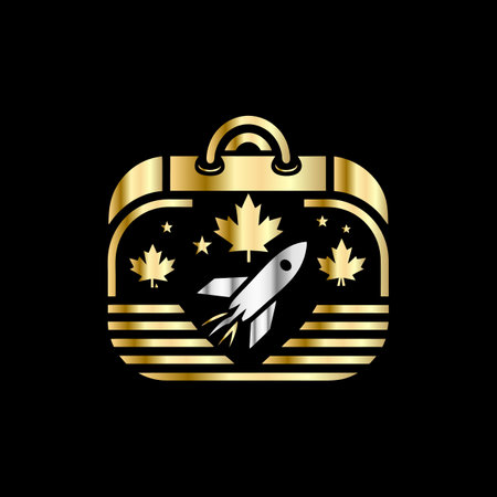 Vector illustration of a gold briefcase with a rocket and maple leaf.のイラスト素材