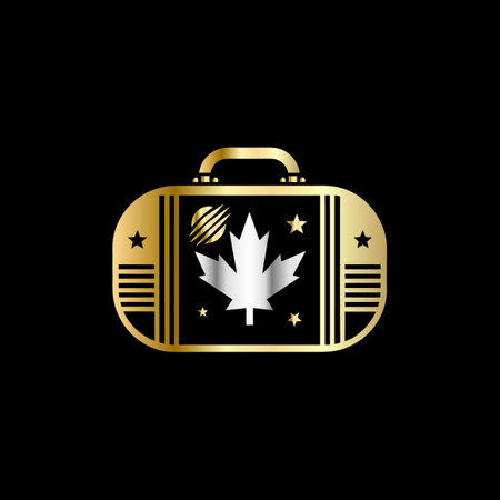 Vector illustration of a gold travel suitcase with a maple leaf on a black backgroundのイラスト素材