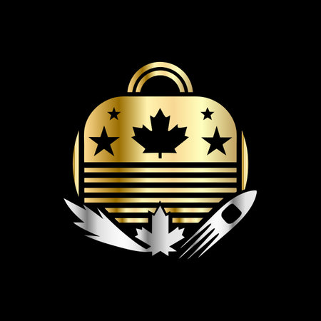 Golden Bag with Canadian Flag and Cutlery. Vector Illustration.のイラスト素材