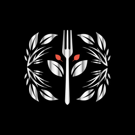 Fork, spoon and laurel wreath on black background.のイラスト素材