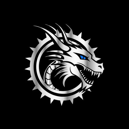 Dragon head logo template vector icon illustration on black background. Dragon head logo template.のイラスト素材