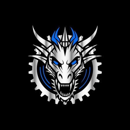 Dragon head with gear logo template vector icon illustration on black background.のイラスト素材