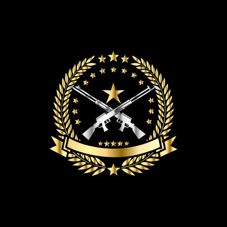 Rifle and Golden laurel wreath. Vector illustration on black background.のイラスト素材