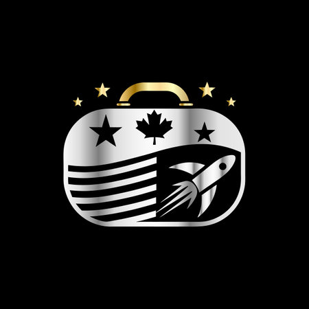 Illustration of a gold and silver travel bag with a rocket on a black backgroundのイラスト素材