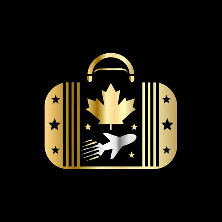 Vector illustration of travel bag with maple leaf and airplane. Isolated on black backgroundのイラスト素材