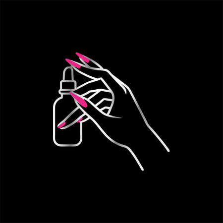 Nail polish bottle in female hand. Vector illustration on black backgroundのイラスト素材