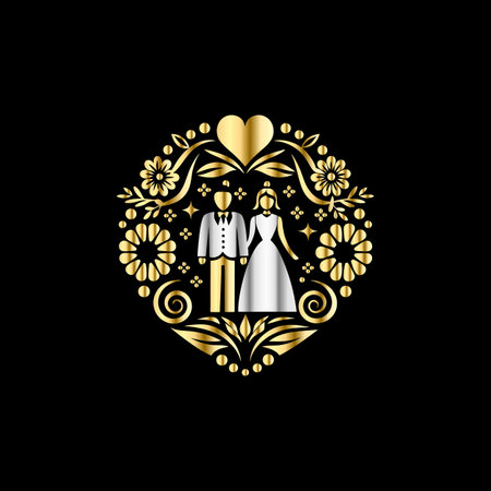 Wedding couple in a golden heart-shaped frame. Vector illustration.のイラスト素材
