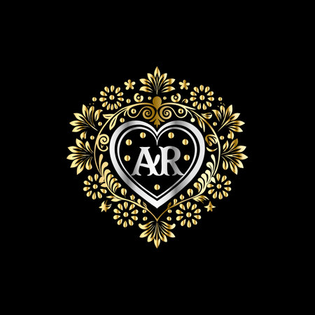 Initial Letter AR logo in heart shape with floral pattern. Luxury ornamental letter AR logo template.のイラスト素材