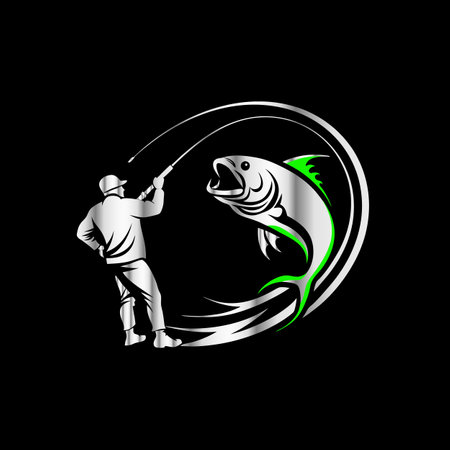 Fisherman with a fishing rod. Vector illustration on black background.のイラスト素材