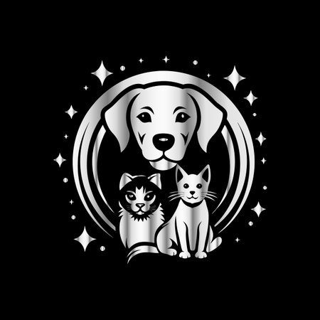 Cat, dog and dog in a circle. Vector illustration on black background.のイラスト素材