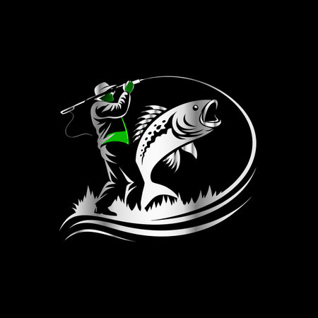 fisherman with a fishing rod and a big bass on a black backgroundのイラスト素材