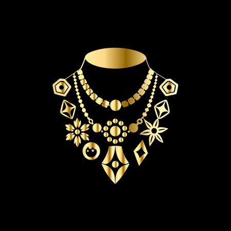 Gold necklace with precious stones. Vector illustration isolated on black background.のイラスト素材