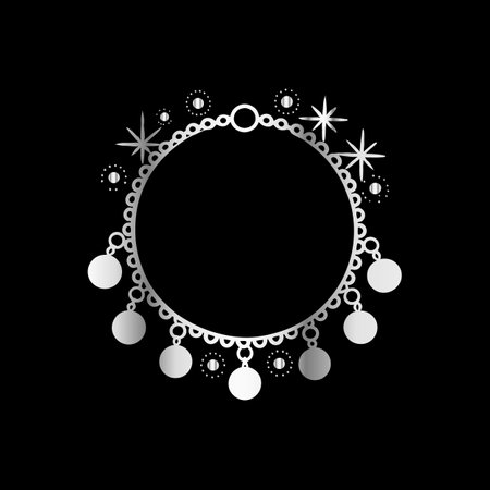 Decorative round frame with silver snowflakes on black background.のイラスト素材