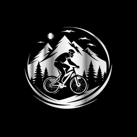 Mountain biker logo design vector template with forest and mountains background.のイラスト素材