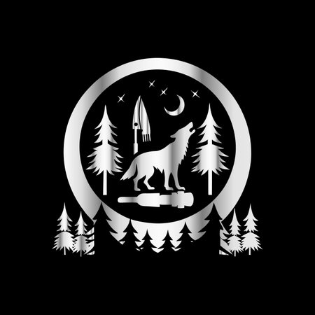Circle with forest and wolf. Vector illustration on black background.のイラスト素材