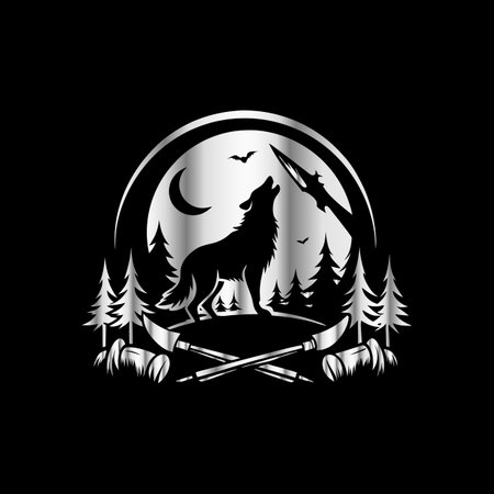 Wolf in the forest. Vector illustration on black background. Design element.のイラスト素材
