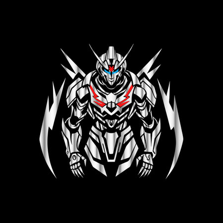 Cyborg head with wings, vector illustration isolated on black background.のイラスト素材