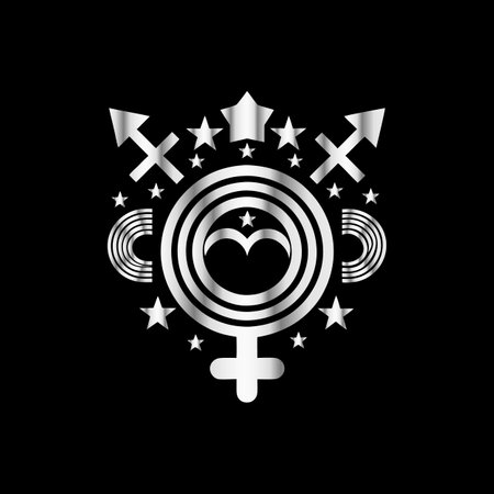 Black and white vector illustration of a female gender symbol on a black background.のイラスト素材