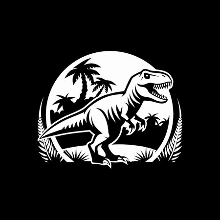 dinosaur logo vector illustration on black background with palm trees and monsterのイラスト素材
