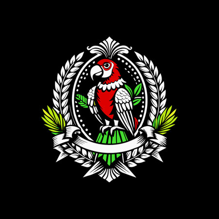 Parrot vector heraldic emblem isolated on black background. Vector illustration.のイラスト素材