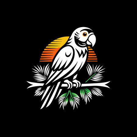 Parrot with floral ornament on the black background. Vector illustration.のイラスト素材