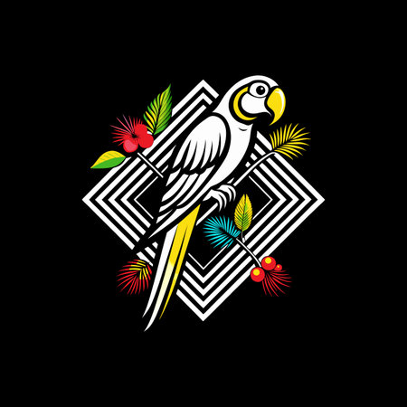 Parrot with tropical leaves and hibiscus on a black background