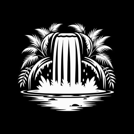 Waterfall and palm trees on the lake. Black and white vector illustration.のイラスト素材