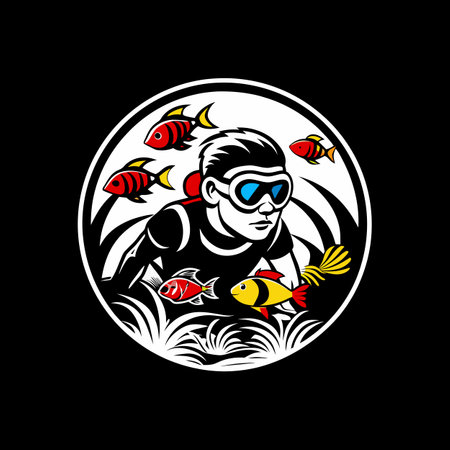 Mascot of a man with a fish on a black backgroundのイラスト素材