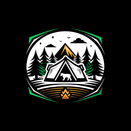 Camping logo with tent and bonfire. Vector illustration on black background.のイラスト素材
