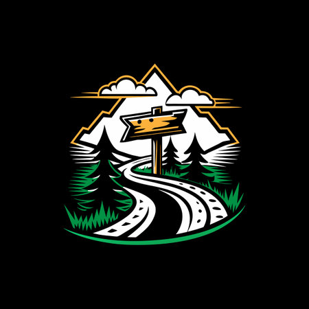 Road to the mountains with signpost and pine trees. Vector illustrationのイラスト素材