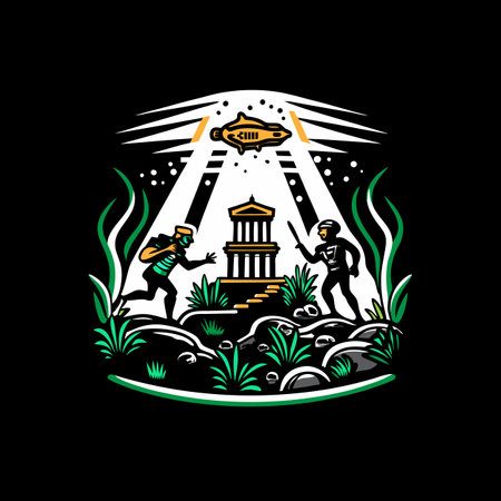 Ancient greek temple in the jungle. Vector illustration on black background.のイラスト素材