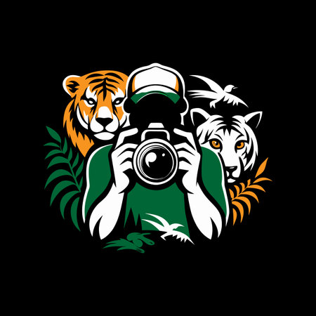 Vector illustration of tiger and tiger with camera in hand. Wild animal symbol.のイラスト素材