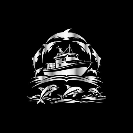 fishing boat and dolphins on a black background. vector illustration.のイラスト素材