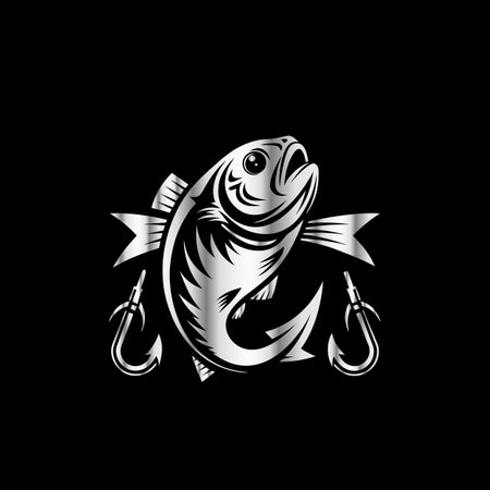 Fishing logo with fish and hook. Vector illustration on black background.のイラスト素材