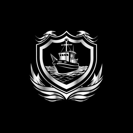 Fishing boat on the shield. Vector illustration on black background.のイラスト素材