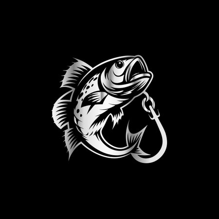 Black and white salmon fish vector logo design template on black background.のイラスト素材