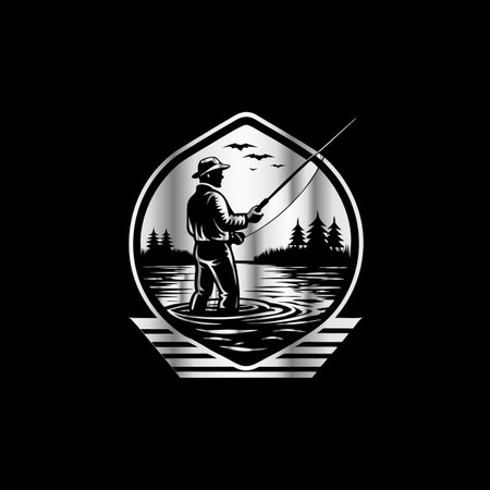 Fisherman with a fishing rod. Vector illustration on black background.のイラスト素材