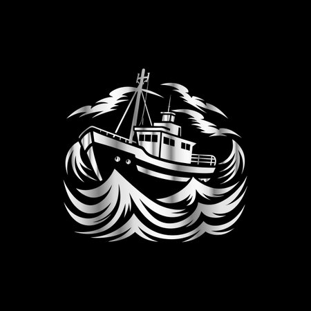 Fishing boat on the water. Vector illustration on black background.のイラスト素材