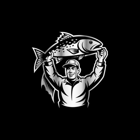 Illustration of a fisherman holding a big salmon fish on a black backgroundのイラスト素材