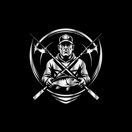 Illustration of a fisherman with a sword and shield on a black background.のイラスト素材