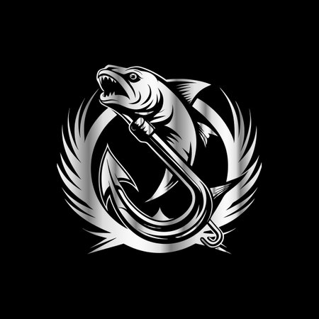 Fishing hook with a salmon on a black background. Vector illustration.のイラスト素材