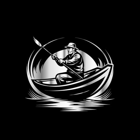 Fisherman in a boat. Vector illustration on black background.のイラスト素材